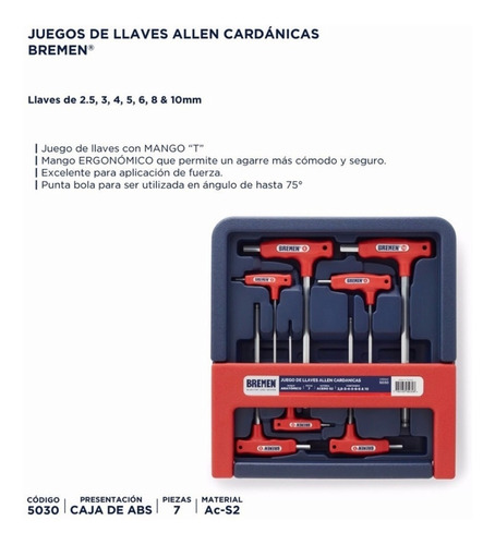 Imagen 2 de 4 de Juego Llaves Allen T Conmango Milimetricas7 Piez Bremen 5030