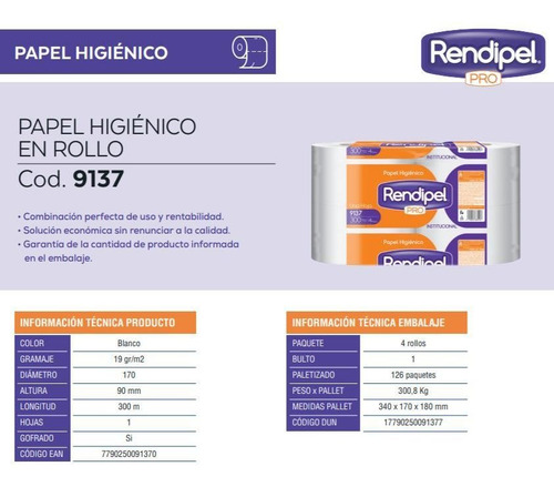 Papel Higiénico Rollo Rendipel 300mts X 4 9137 Rendipel