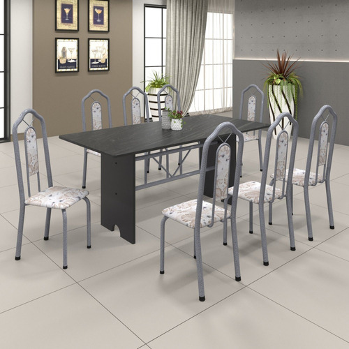 Conjunto De Mesa 180x75cm Tampo Ardósia Com 8 Cadeiras Wt