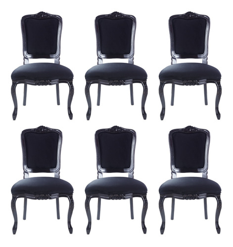 Conjunto 6 Cadeiras Luis Xv De Madeira Cor Preto Com Veludo
