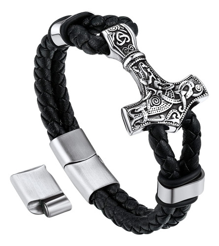 Bandmax Pulsera Mjolnir Trenzada De Cuero Negro Para Hombres