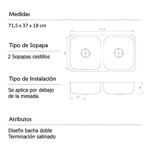 Imagen 2 de 6 de Bacha Pileta Doble Acero Inoxidable 70 X 37 X 18 Cm Cocina