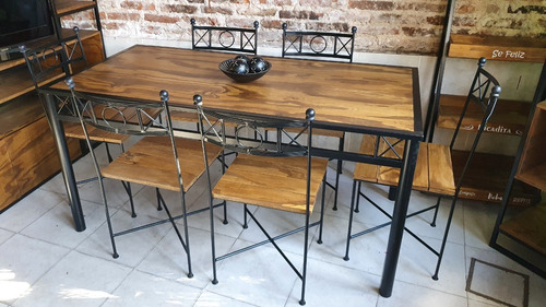Imagen 5 de 7 de Mesa Industrial Hierro Forjado Y Madera 160x80 + 6 Sillas