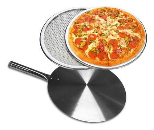 Kit Pá Cabo Curto Para Pizza  Com Tela 40cm Alumínio