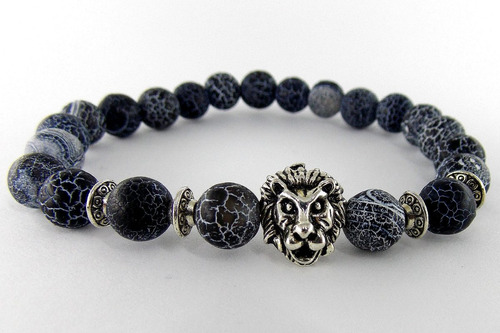 Pulsera De León En Plata Y Piedra Onyx Azul