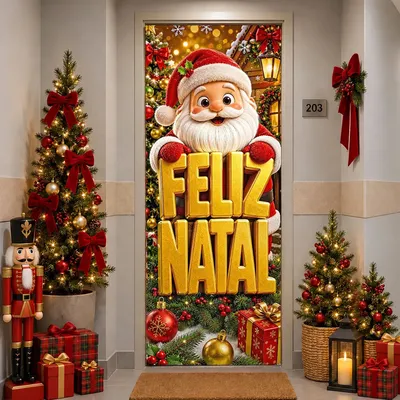 Capa de Porta Natal Papai Noel Cute Decoração Infantil Enfeite Para Porta de Entrada Capa Em Tecido Veste Porta 0,80x2,10m