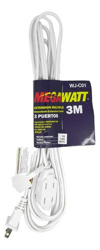 Extension Multiple 3mt 3 Puertos Blanca Ref Wj-c01 Megawatt 