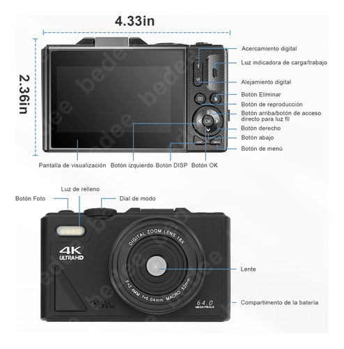 Cámara Digital Bedee 4k 64mp Cámara Vlog Con Tarjeta +32gb 2 Pilas Color Negro