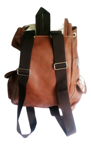 Imagen 2 de 10 de Mochila Marron Estampada Cuero Pu 3 Bolsillos Gran Capacidad