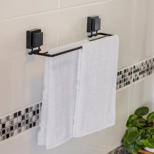 Toallero Doble De 45cm Future, Fuerte Fijación Por Ventosa, Fácil Colocación - Resistente Al Óxido - Acero Negro Mate