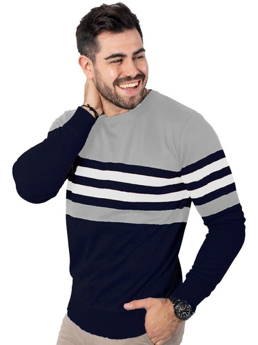 Imagen 1 de 6 de Sweater Rayado Hombre Pullover De Hilo Importado Liviano
