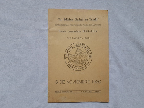 Reglamento Carrera Autos, Tandil Auto Club, 1960