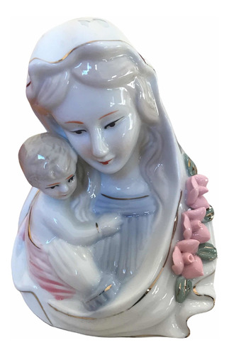 Figura Religiosa Virgen María Niño Jesus Cerámica Esmaltada