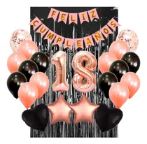 Comprar Combo Kit Globos Numeros Cortina Feliz Cumple Negro Rosa 