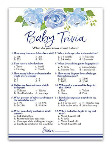 Blue Baby Trivia Game Floral Baby Shower Games Pack De 25 Di