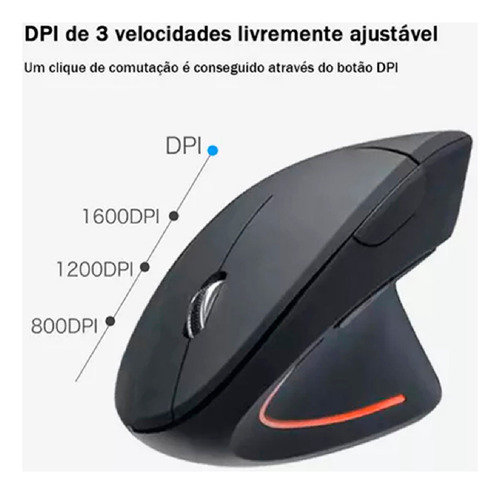 Mouse Sem Fio Vertical Recarregável Bluetooth Led Cor Preto