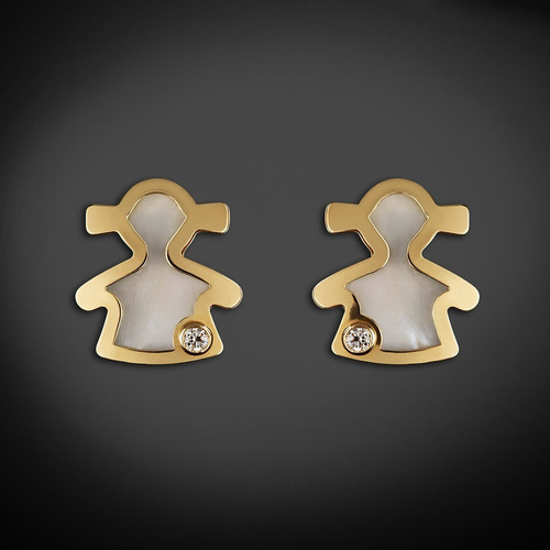 Aretes De Oro 14k Broquel Circonia Con Perla Muñeca Giallo