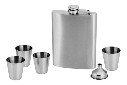 Kit Cantil Garrafa De Bolso Inox Copos E Funil 06 Peças Cor Prateado Liso