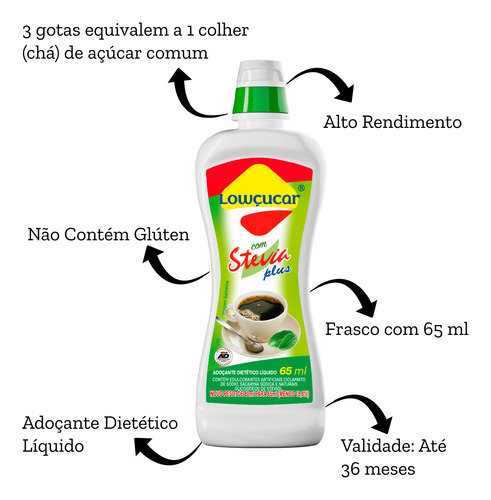 Adoçante Líquido Com Stevia Diet Lowçucar 65ml - Kit Com 12