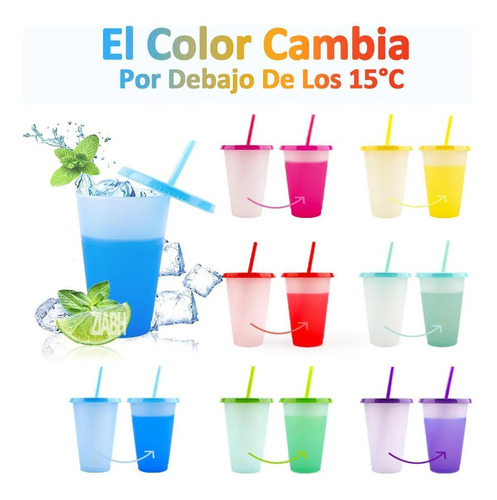 Vasos Magicos Reutilizable Con Tapa Y Popote Cambia-color C