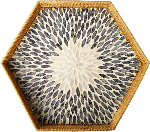 Bandeja Hexagonal Extra Grande De Ratán Y Mimbre