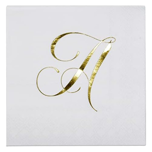 100 Gold Letter Monogram Cocktail Napkins Disposable Pa...