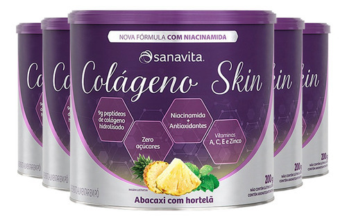 Kit 5 Colágeno Skin Sanavita Abacaxi Com Hortelã 200g