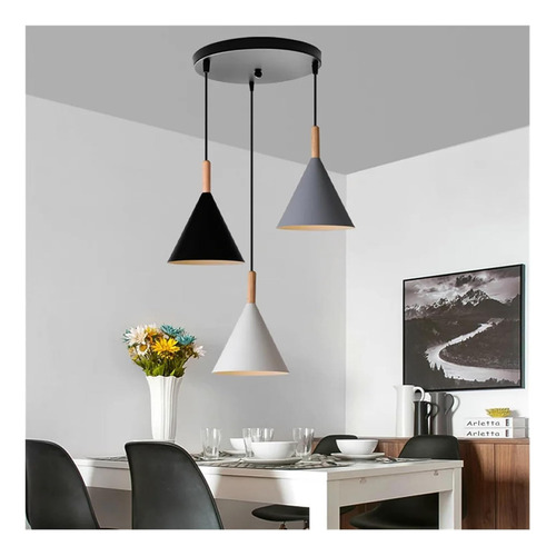 Lampara Colgante Kivs Cone Black White Grey Triple Color Con Luz E27 Para Techo Base Circular Altura Ajustable (p86)