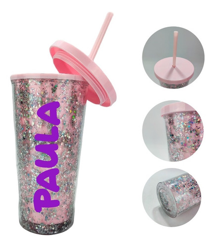 Vaso Acrílico Glitter Termo Brillos Popote Tapa Doble Pared