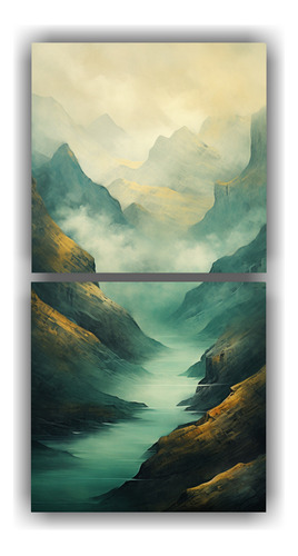 160x80cm Cuadro Decorativo Montaña Verde Azulado Dorado