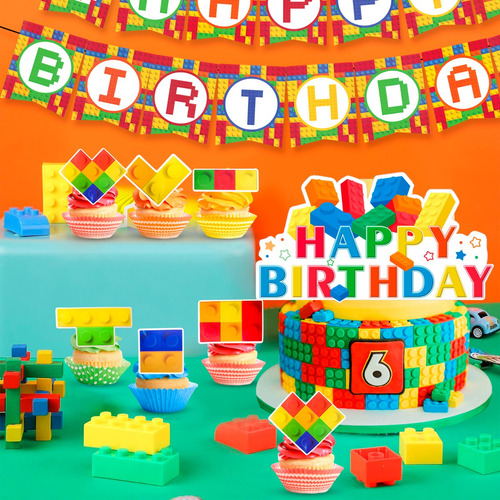 Juego de decoración para fiestas con bloques de construcción, 53 pcs para decoración de fiestas banners, globos, adornos para pasteles color multicolor
