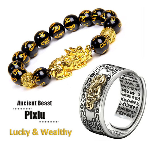 Pulsera De La Suerte Feng Shui Pi Xiu Riqueza De Obsidiana +