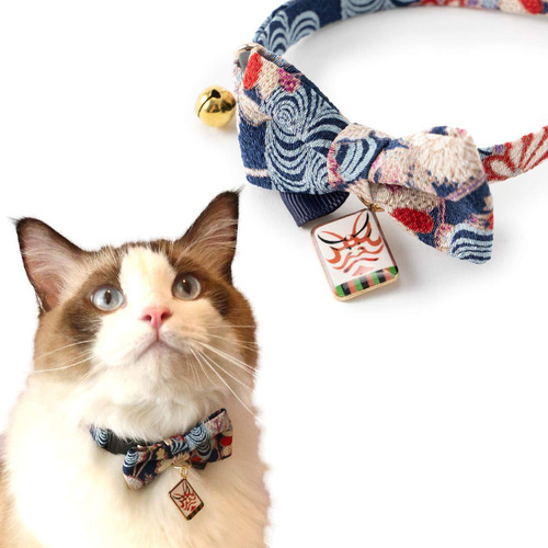Necoichi Kabuki Charm Collar De Gato Con Pajarita (azul Mar.