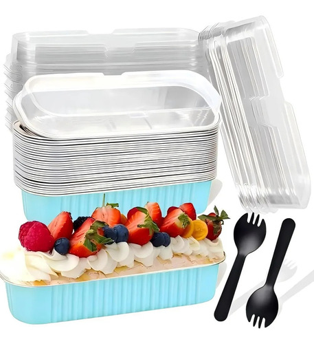 Banna 50 Molde Aluminio Desechable 200ml Con Tapa, 6.8 Oz/200ml Moldes Para Tartas, Molde Rectangular De Papel De Aluminio Para Tartas, Para Picnics, Barbacoas, Camping, Bodas, Fiestas,Azul