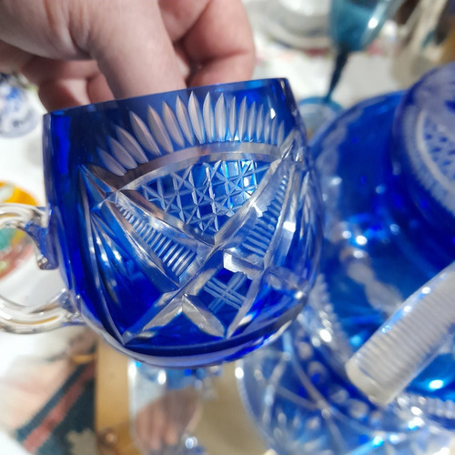 Imagem 9 de 10 de Poncheira Antiga Cristal Bohemia Double Overlay Azul Cobalto