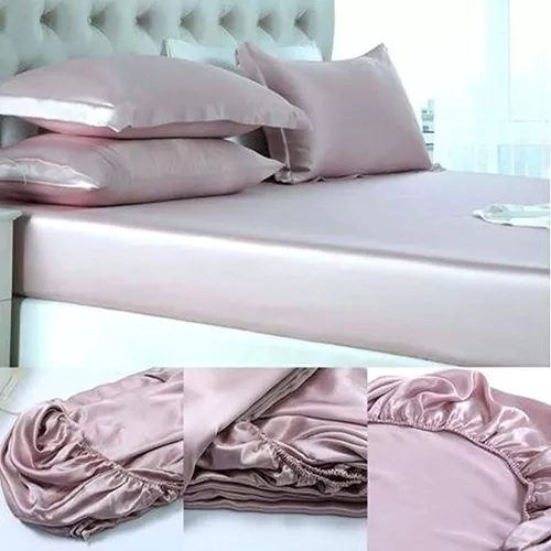 Juego de sábanas de satén tamaño Queen, sábanas de seda rosa, juego de ropa  de cama suave de 4 piezas con 1 sábana bajera de bolsillo profundo, 1