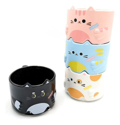 Set 4 Tazas Gato Kawaii Apilables Colores Cerámica 300ml Cup