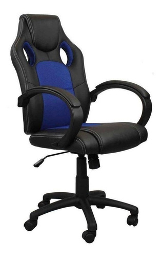 Cadeira de escritório Pelegrin PEL-3002 gamer ergonômica  preto e azul com estofado de couro p.u.