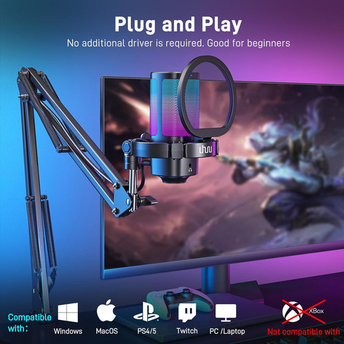 Micrófono Gamer Usb De Condensador Rgb Con Brazo Articulado Y Soporte De Mesa Para Computador Pc Y Celular Streaming Podcast Uhuru