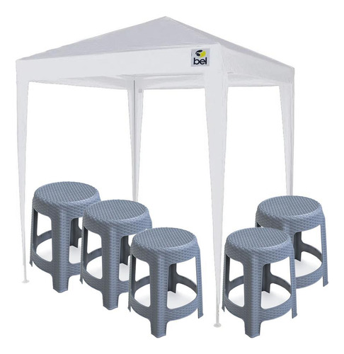 Kit Tenda Gazebo 2x2m Branca + 5 Banquetas Plástica Cinza