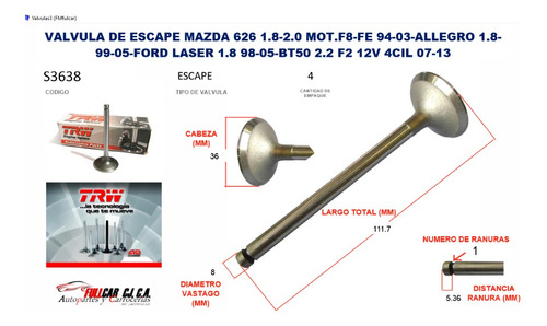 Valvula Escape Mazda 626 1.8-2.0 Mot.f8-fe 94 03 Allegro 1.8
