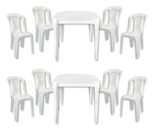 Conjunto sala de jantar Jr Plasticos Monobloco Bistrô Reforçada Bar Quadrada com 8 cadeiras mesa de  70cm comprimento máximo x 70cm de largura x 70cm de altura - Branco