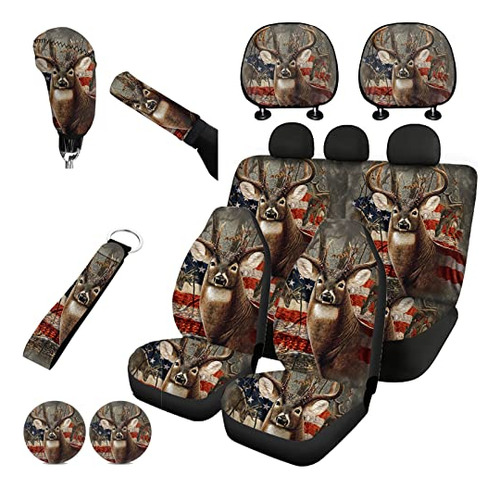 Fkelyi American Flag Camo Deer Car Seat Covers Full Set With