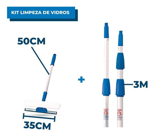 Kit Limpa Vidros Com Rodo 35cm E Extensor 3m + Cabo 50cm