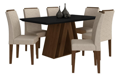 Mesa De Jantar 6 Cadeiras 1,60 Ravena Imbuia/preto/bege- M.a Cor Imbuia/preto/bege 03 Desenho do tecido das cadeiras Suede