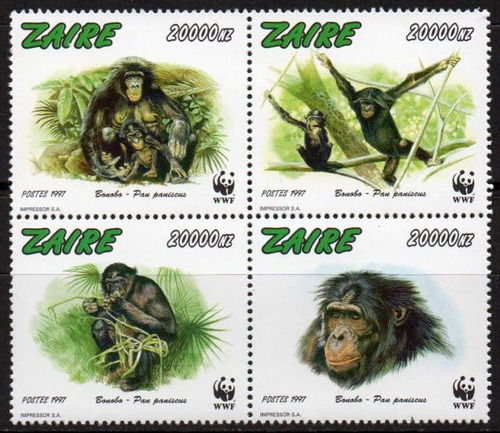 Zaire 1997. W W F Chimpancé Bonobo. Bloque De 4, Nuevo