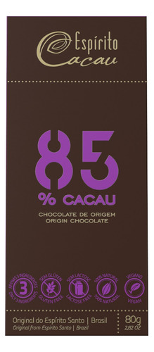 Chocolate 85% Cacau Espírito Cacau 80g Vegano Orgânico