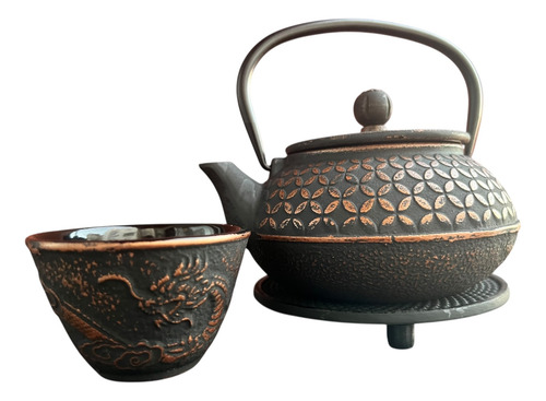 Tetera Hierro Sakura+posa Tetera+1cuenco Enlozado Infusor Negro Con Cobre