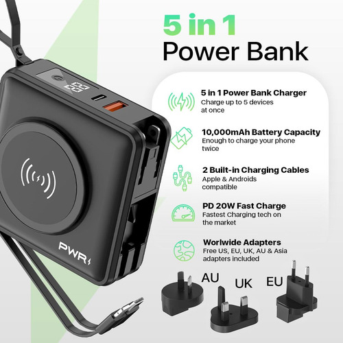 Batería Externa Pwr Travel Pro 5 En 1, 20 W, Usb-c, 10.000 M
