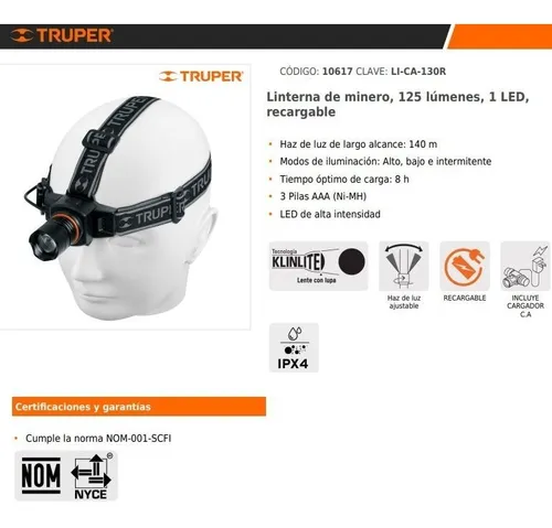 Linterna Minera 1 Led Alta Intesidad, Recargable - Truper